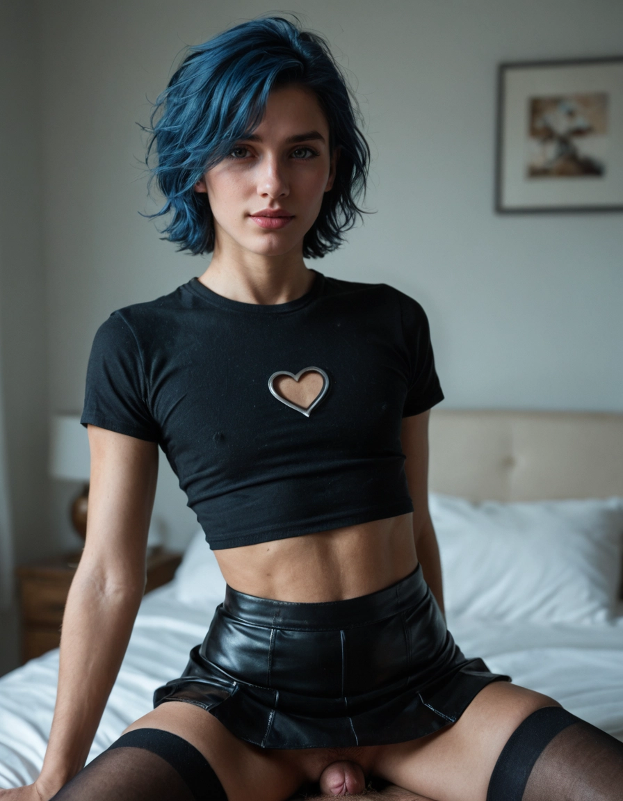 thighhighs, penis, blue hair, straddling, male focus, skirt · Yamete.gg