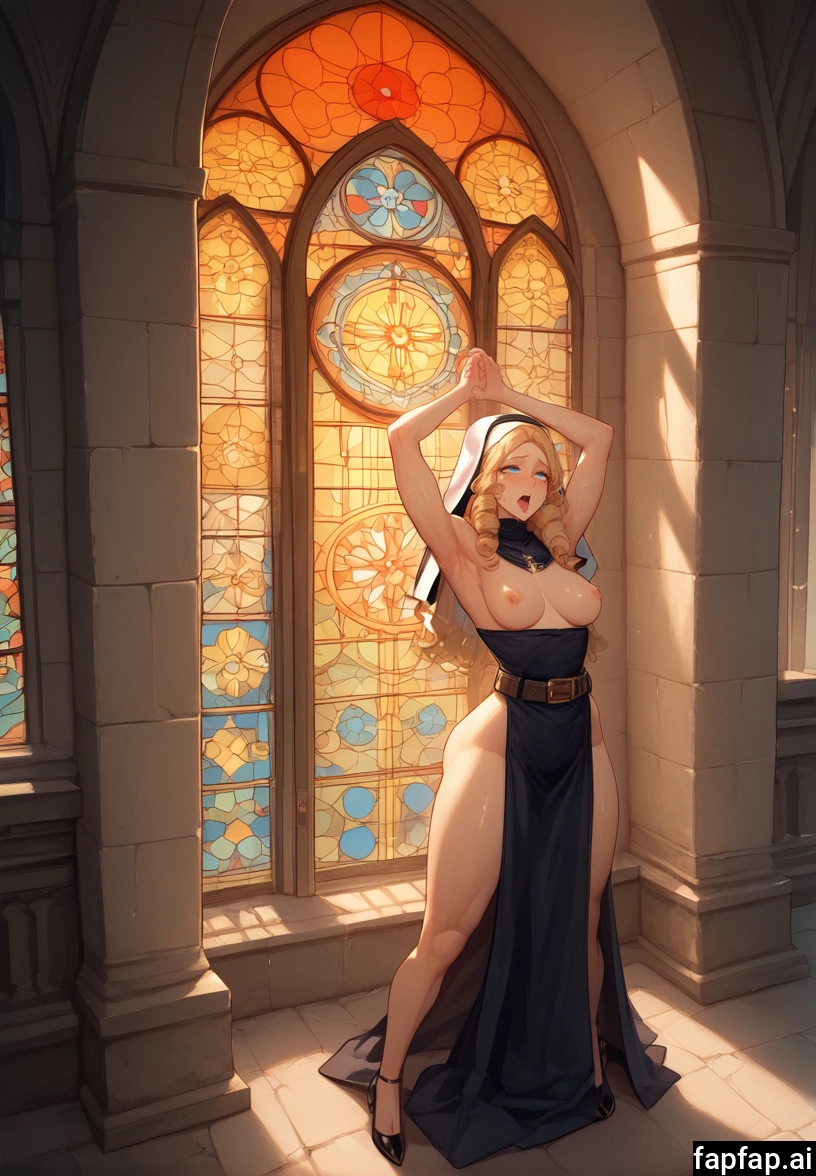 1girl, breasts, nipples, solo, stained glass, blonde hair · Yamete.gg