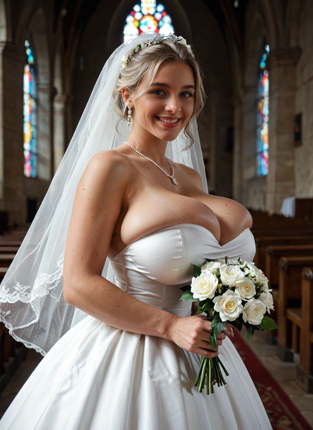 1girl, breasts, dress, flower, wedding dress, jewelry · Yamete.gg