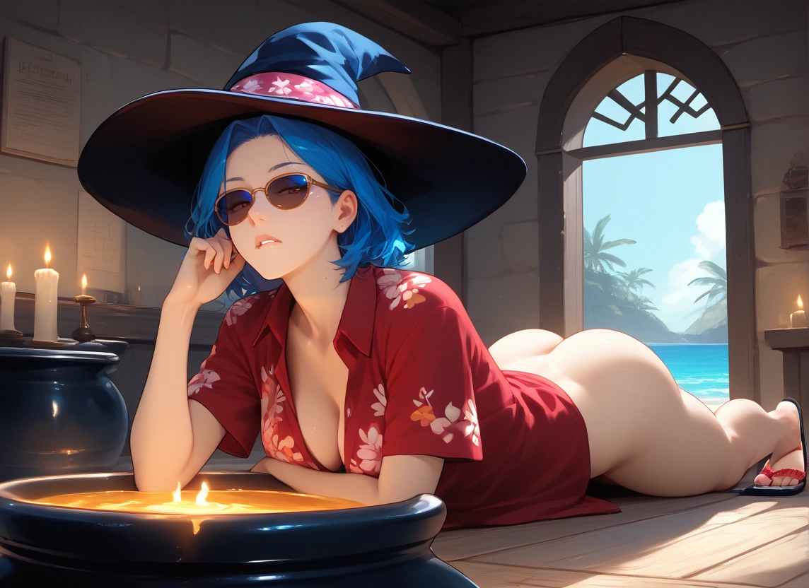 1girl, hat, breasts, ass, witch hat, blue hair · Yamete.gg