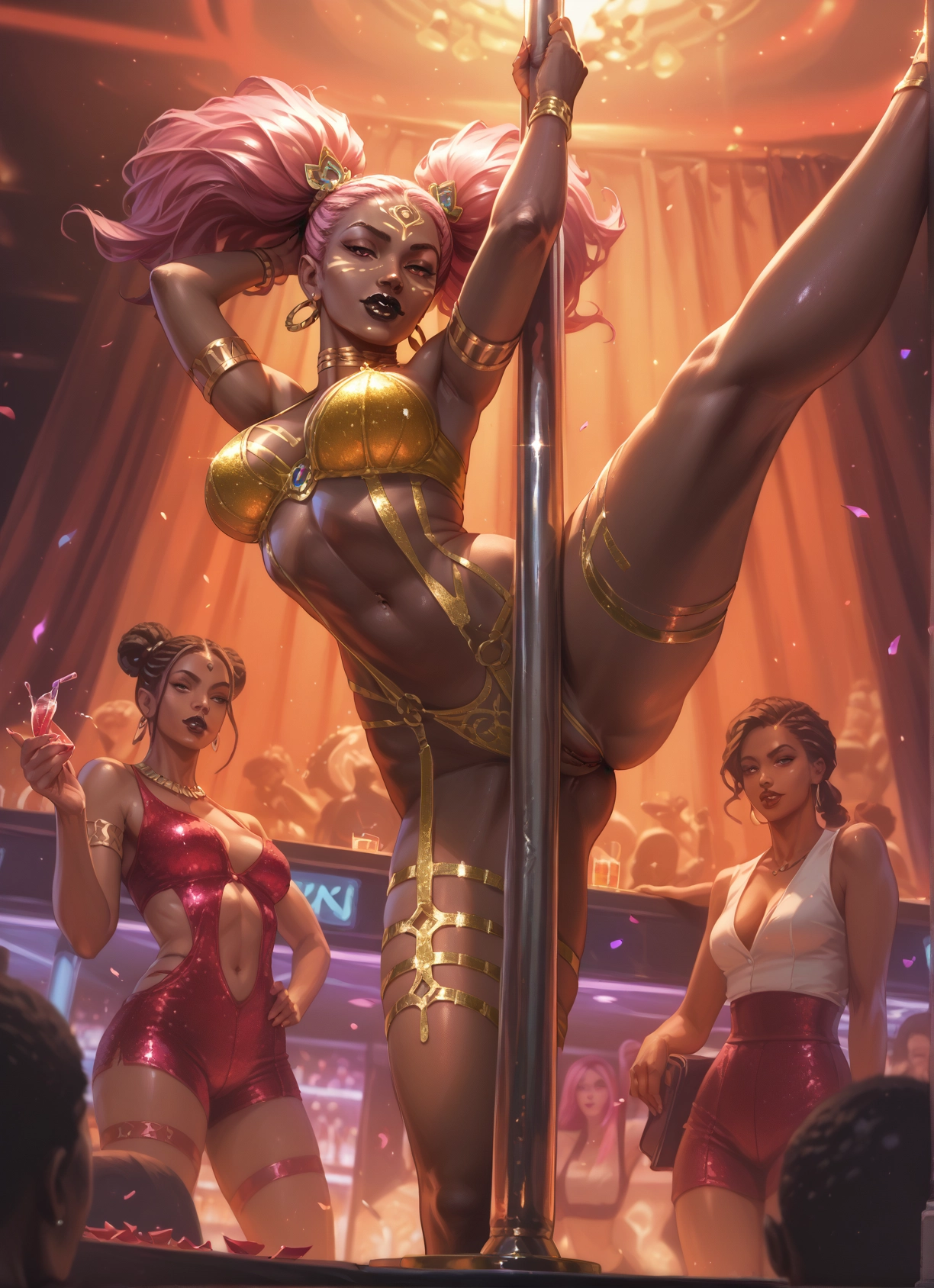 multiple girls, breasts, jewelry, pink hair, pole dancing, stripper pole · Yamete.gg