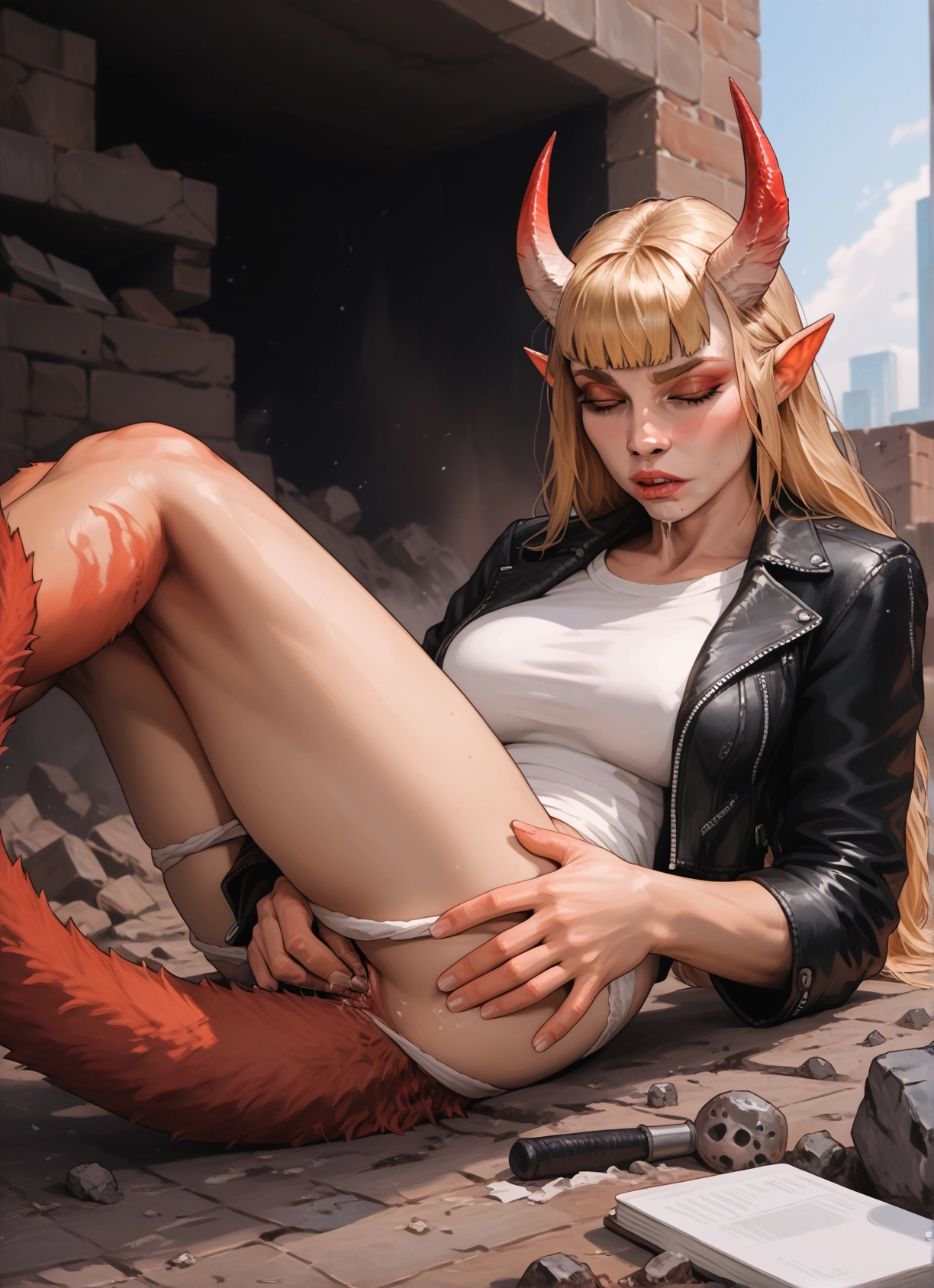 1girl, solo, underwear, panties, horns, tail · Yamete.gg