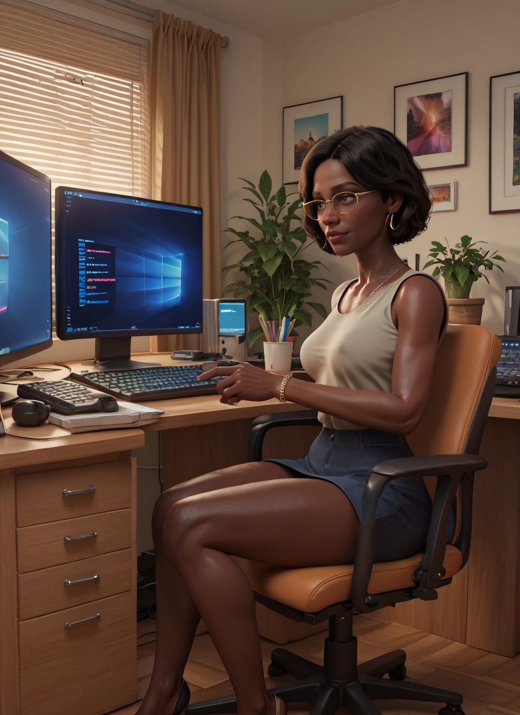 1girl, glasses, jewelry, solo, skirt, sitting · Yamete.gg