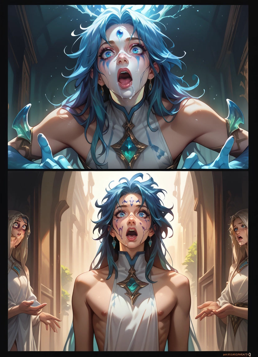 1boy, open mouth, blue eyes, blue hair, teeth, nipples