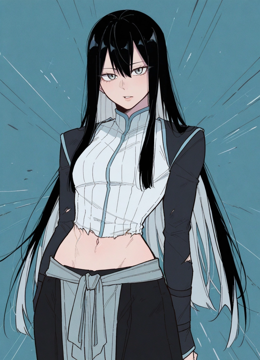 1girl, solo, long hair, black hair, looking at viewer, navel