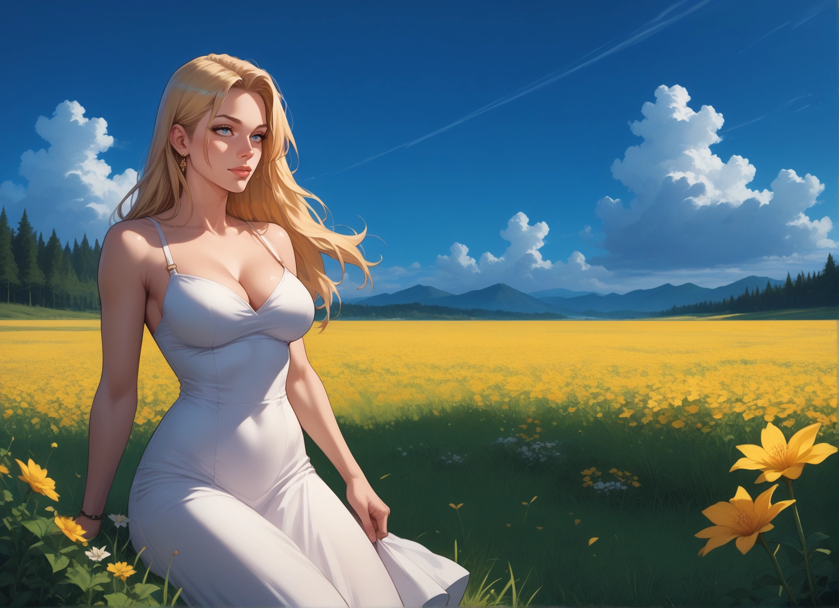 1girl, breasts, blonde hair, dress, flower, blue eyes · Yamete.gg