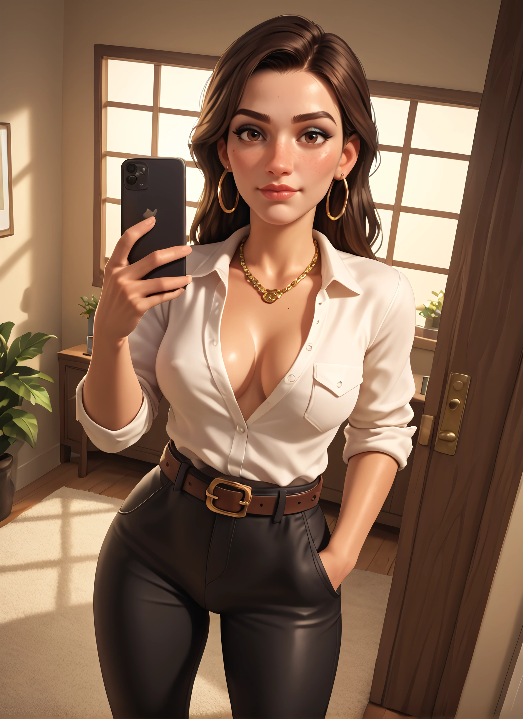 1girl, breasts, jewelry, phone, brown hair, earrings · Yamete.gg