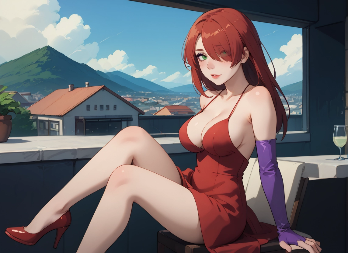 1girl, breasts, dress, green eyes, high heels, solo · Yamete.gg