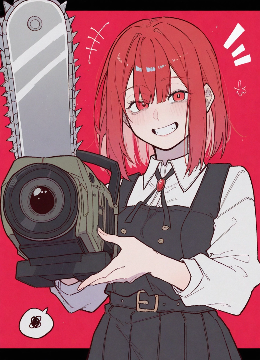 1girl, smile, chainsaw, solo, red eyes, dress · Yamete.gg