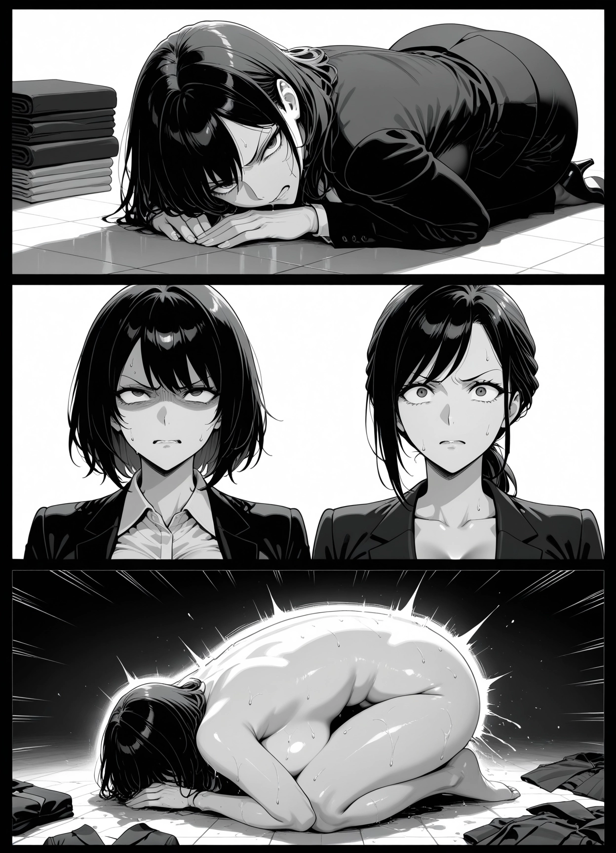 dogeza, monochrome, greyscale, breasts, nude, multiple girls · Yamete.gg