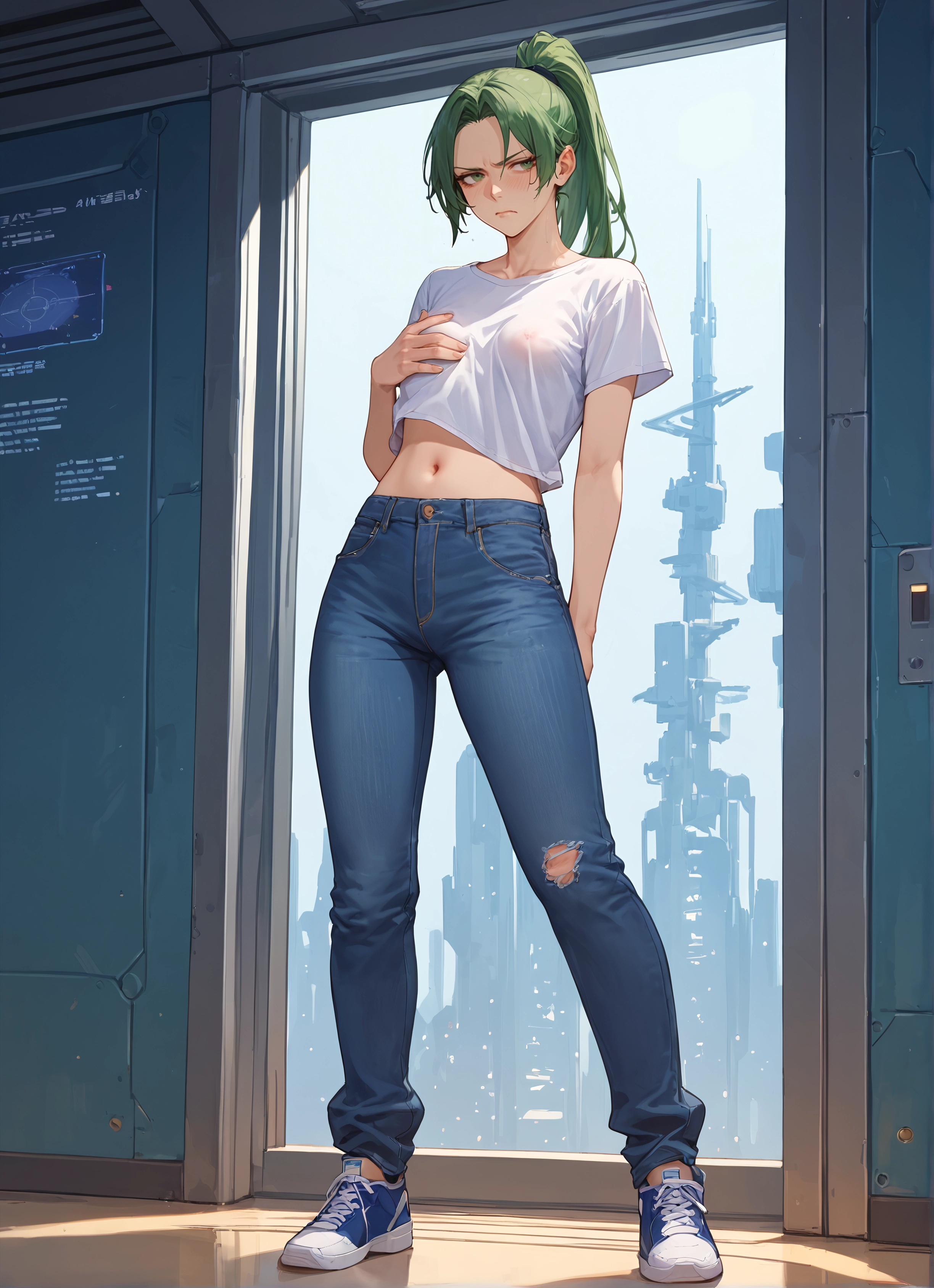 1girl, pants, solo, green hair, navel, shoes · Yamete.gg