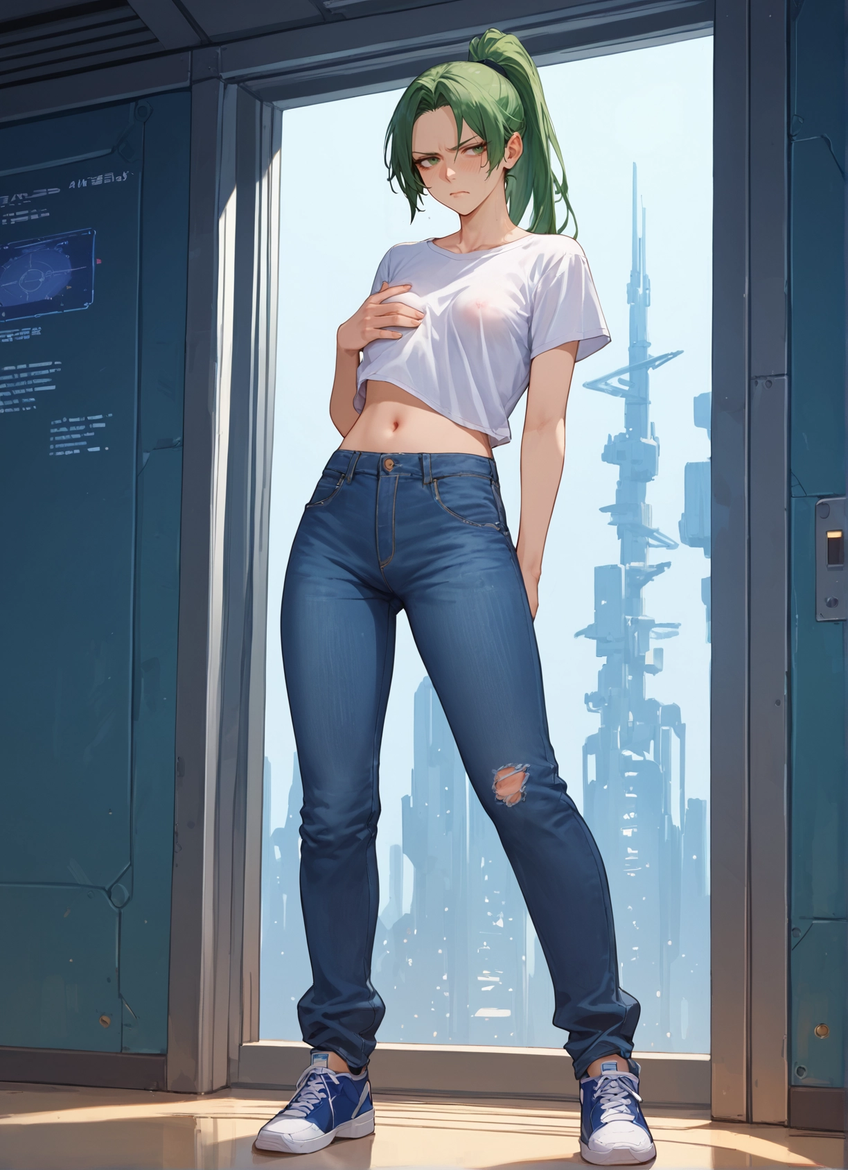 1girl, pants, solo, green hair, navel, shoes