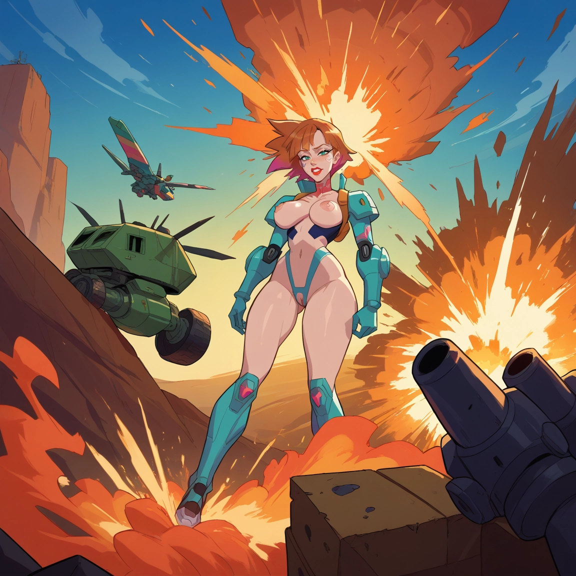 breasts, nipples, 1girl, explosion, navel, sky · Yamete.gg