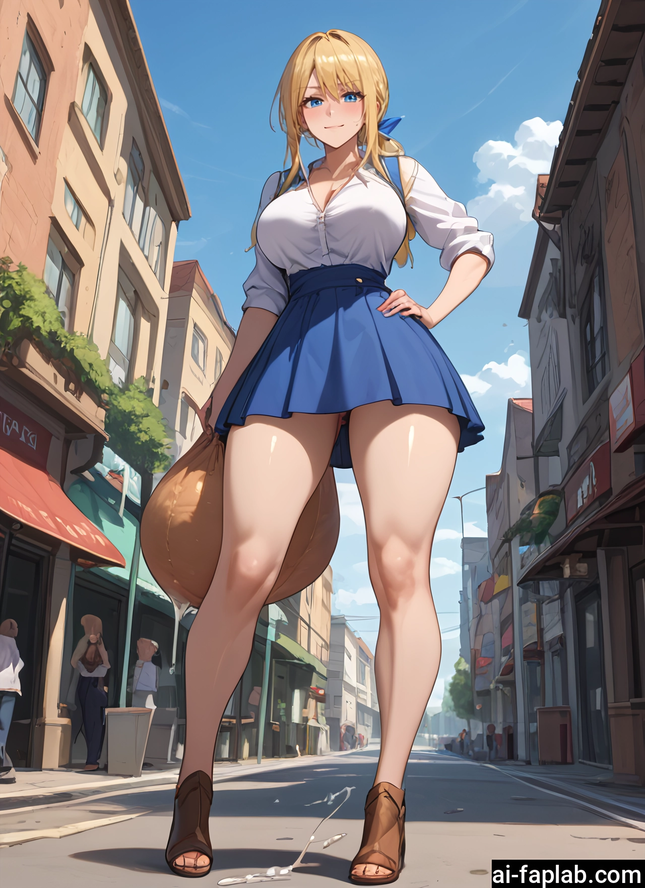 breasts, blonde hair, skirt, blue eyes, large breasts, hand on hip · Yamete.gg