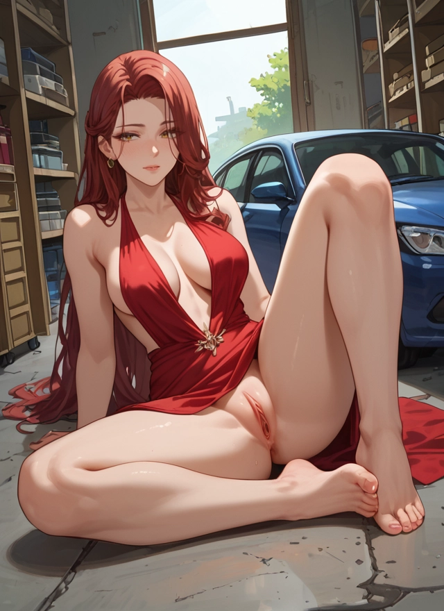 1girl, breasts, pussy, dress, long hair, barefoot
