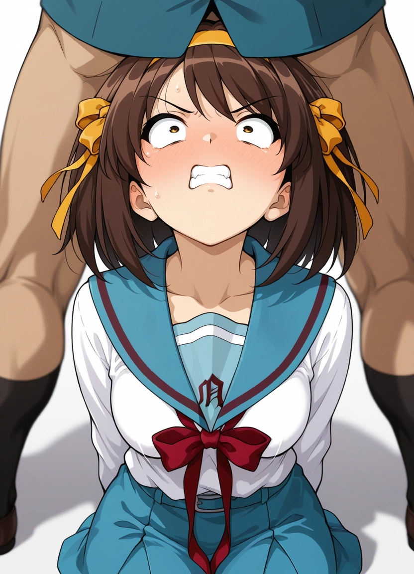 1girl, suzumiya haruhi, kita high school uniform, teeth, school uniform, brown hair · Yamete.gg