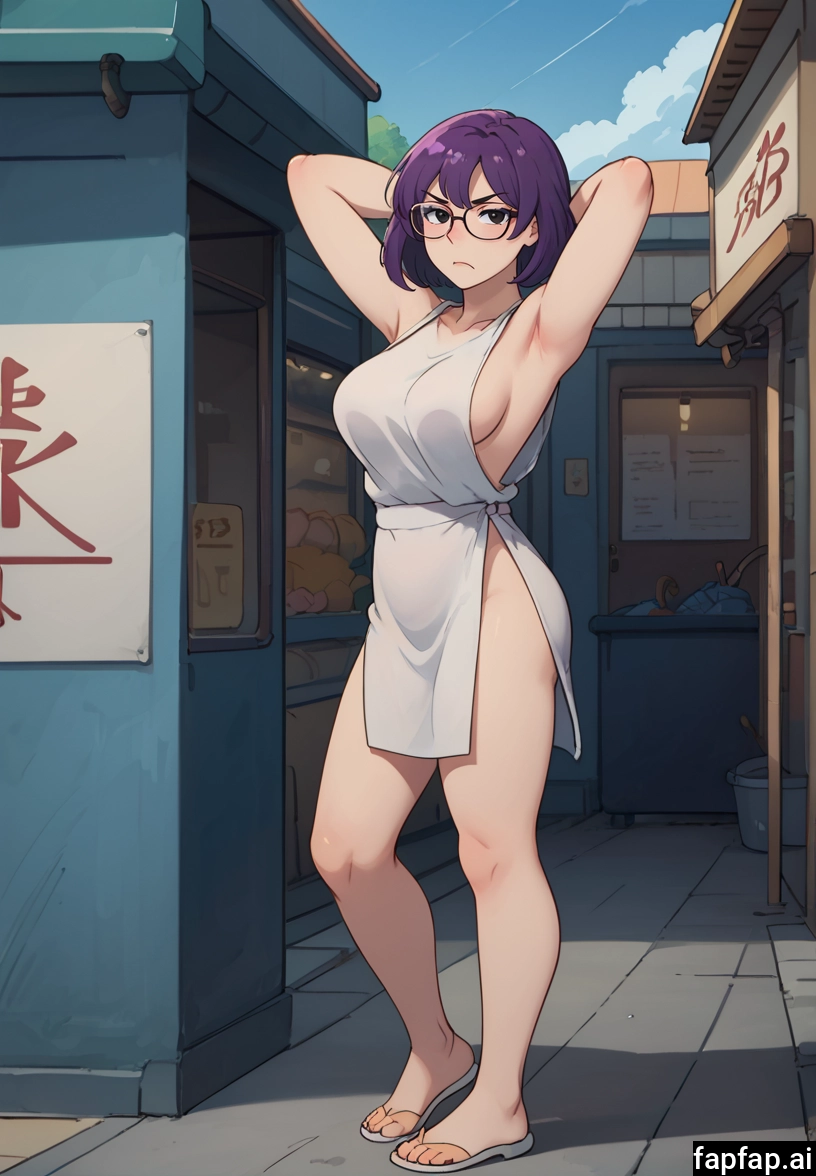 1girl, breasts, glasses, armpits, purple hair, short hair · Yamete.gg