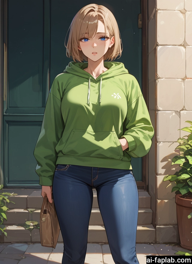 1girl, blue eyes, pants, solo, hood, denim