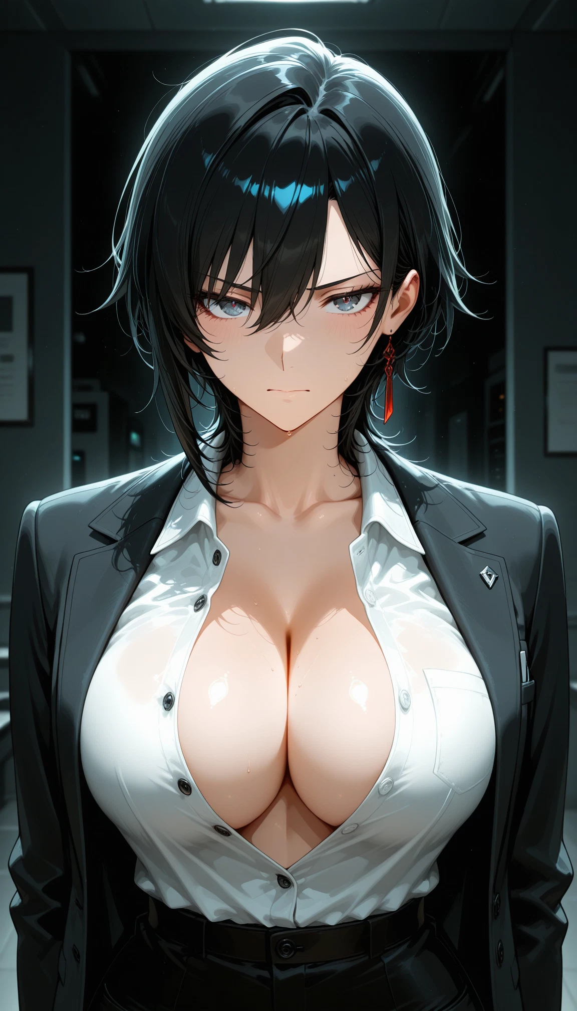 1girl, breasts, black hair, solo, large breasts, earrings · Yamete.gg