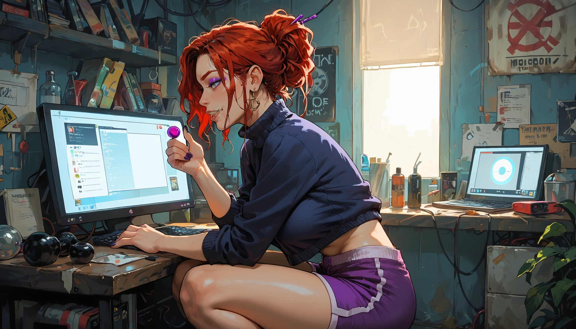 1girl, solo, shorts, sweater, single hair bun, jewelry · Yamete.gg