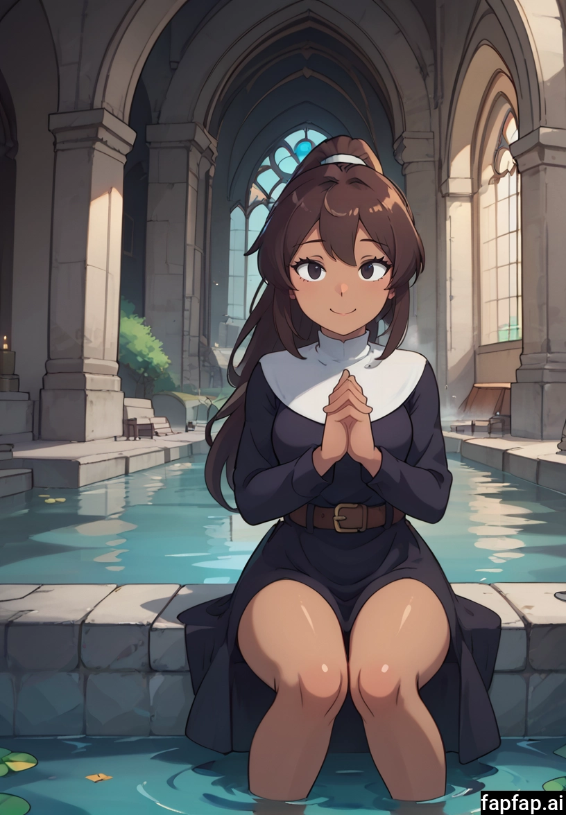 1girl, solo, sitting, brown hair, belt, smile · Yamete.gg