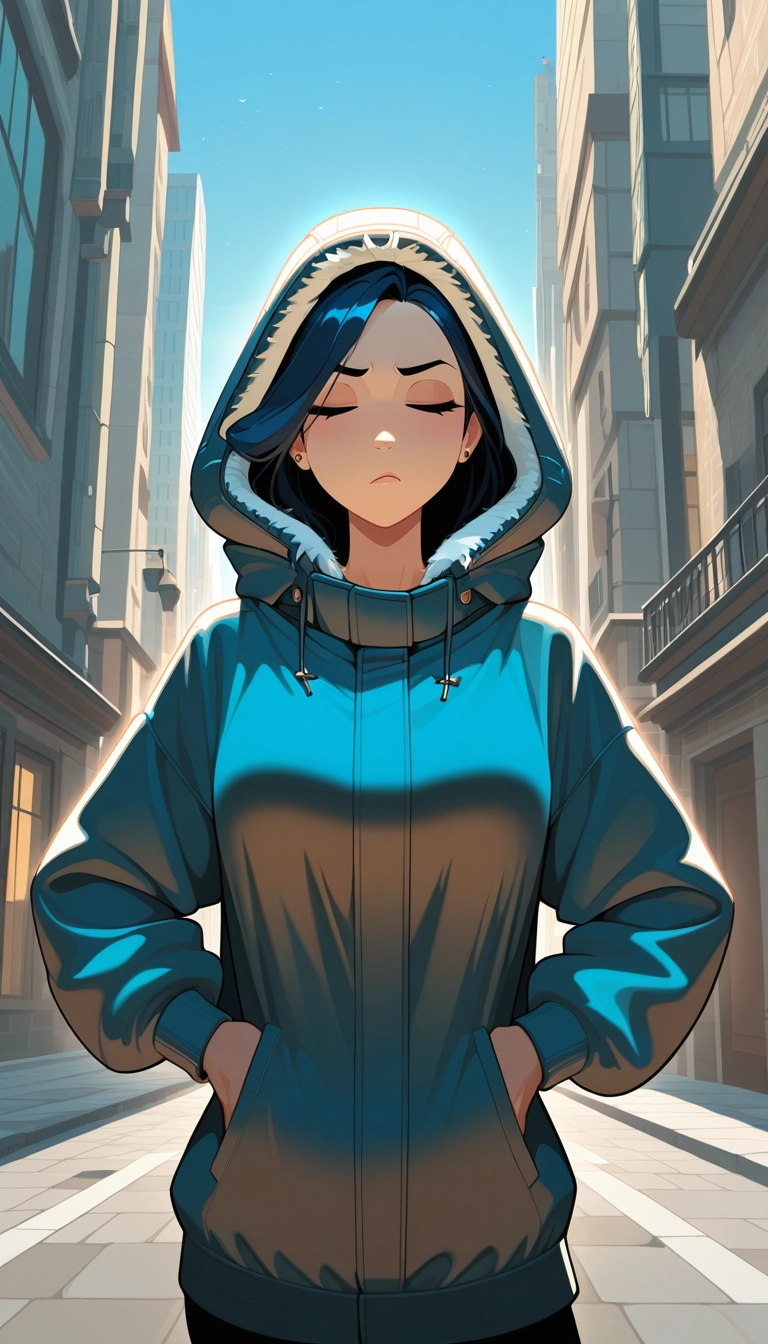 1girl, hood, solo, closed eyes, hands in pockets, hood up · Yamete.gg