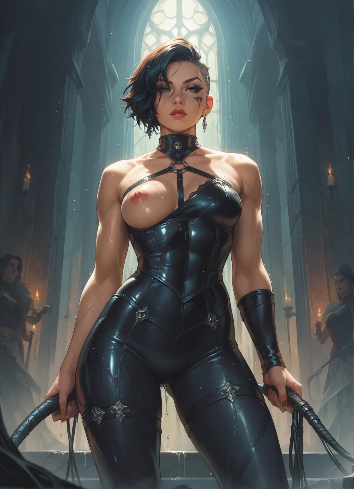 breasts, nipples, whip, short hair, jewelry, earrings · Yamete.gg