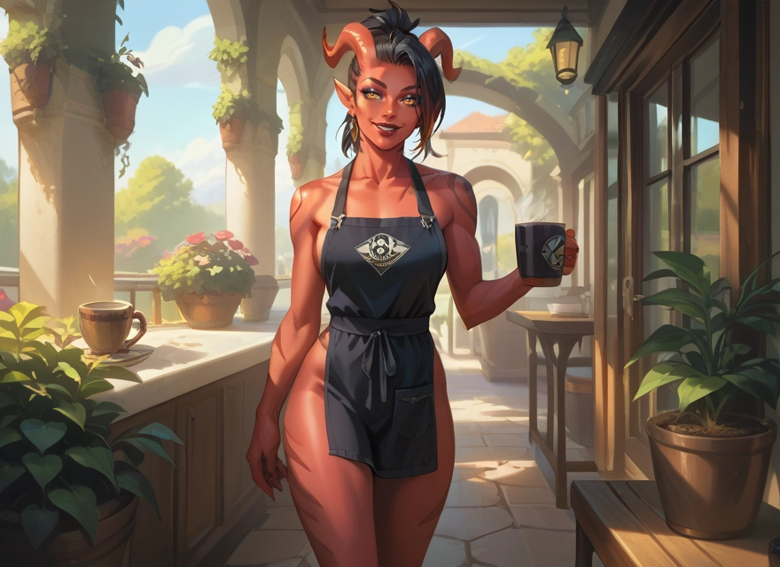 horns, apron, cup, naked apron, 1girl, plant · Yamete.gg