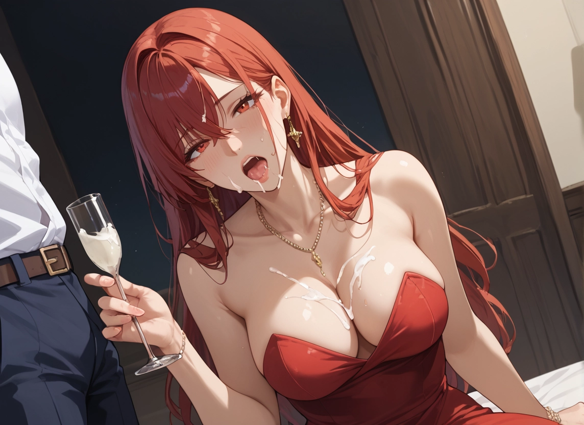 1girl, jewelry, breasts, red dress, dress, red hair · Yamete.gg