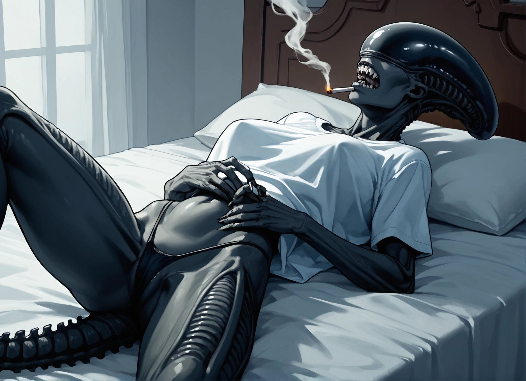 1girl, cigarette, solo, smoking, shirt, underwear · Yamete.gg