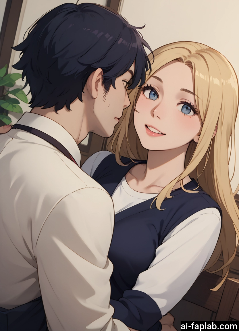 1girl, 1boy, blonde hair, blue eyes, smile, black hair