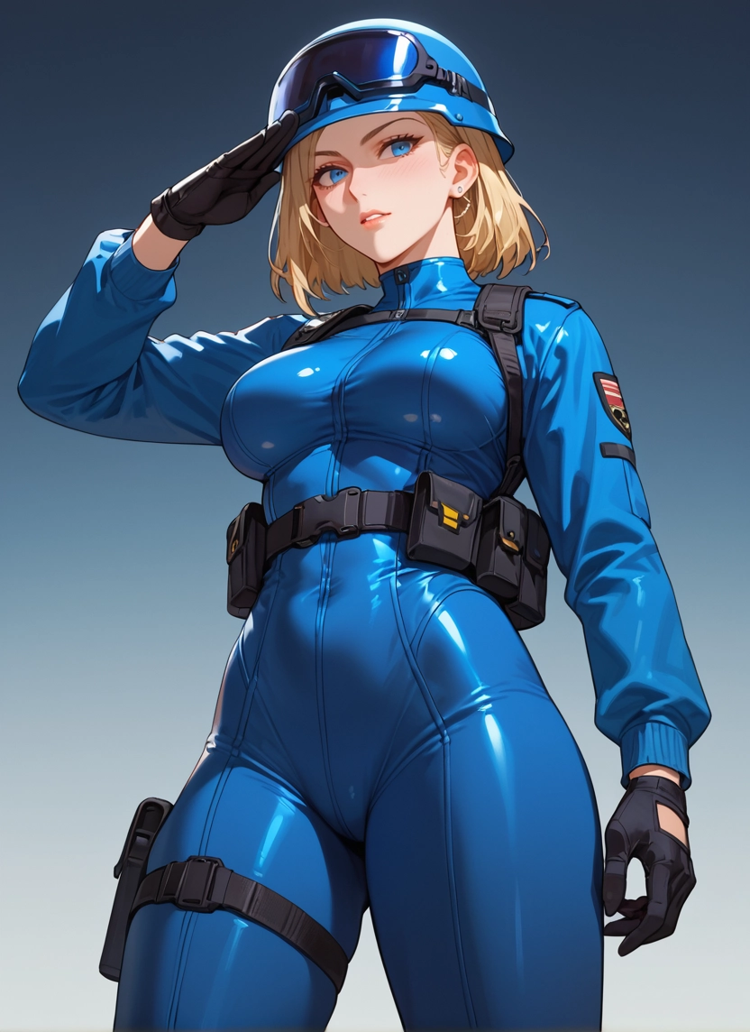 1girl, gloves, blonde hair, blue eyes, solo, bodysuit · Yamete.gg