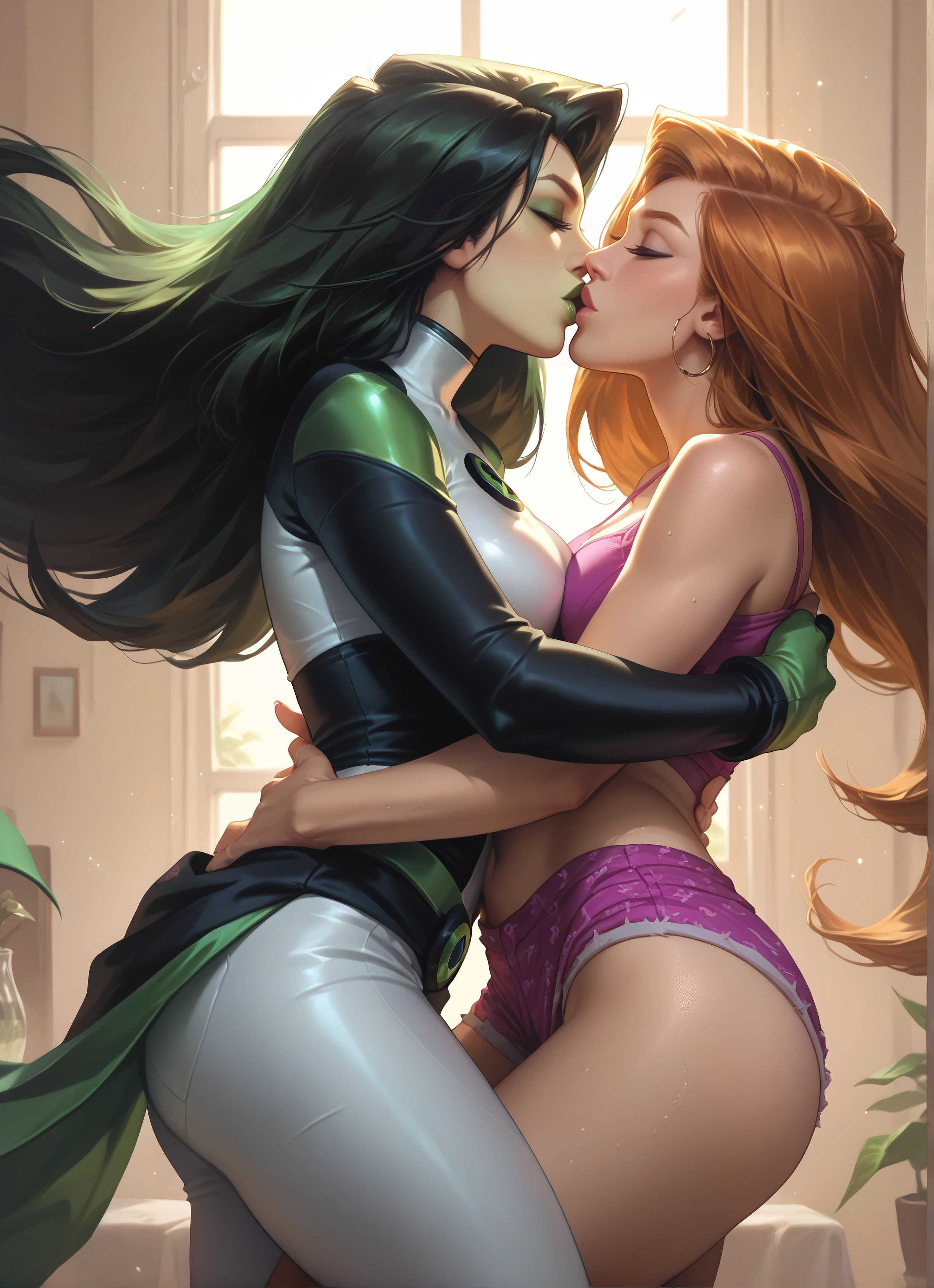 multiple girls, 2girls, yuri, kiss, closed eyes, jewelry · Yamete.gg