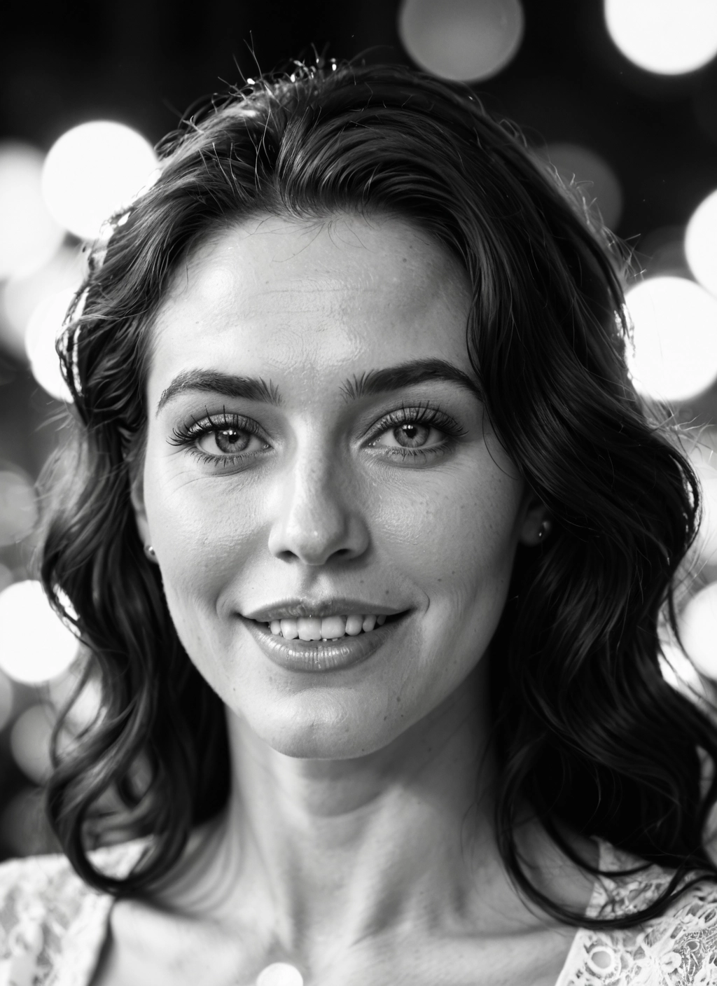 monochrome, greyscale, 1girl, solo, smile, realistic · Yamete.gg