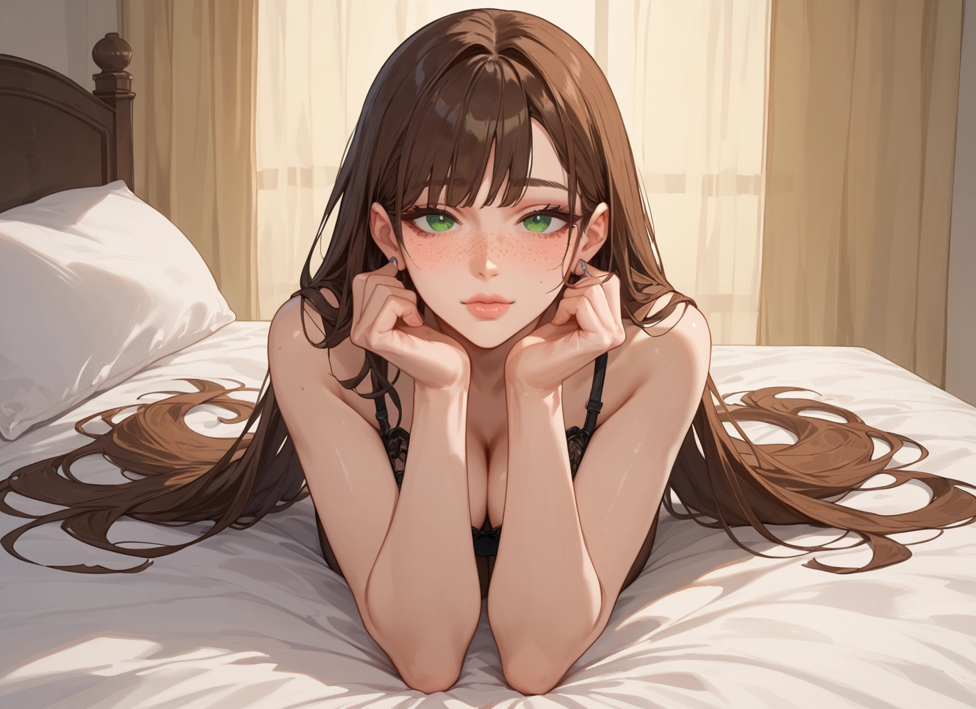 1girl, breasts, long hair, green eyes, solo, freckles · Yamete.gg