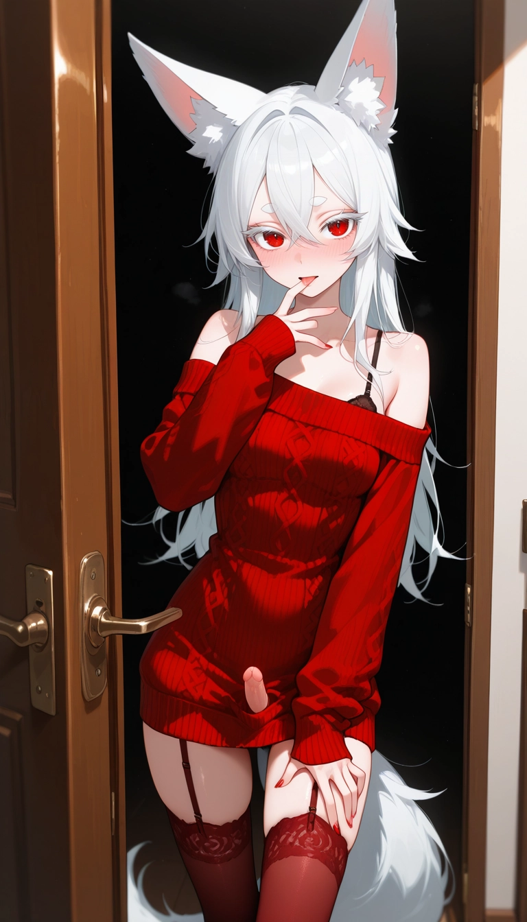 1girl, red sweater, thighhighs, solo, animal ears, sweater