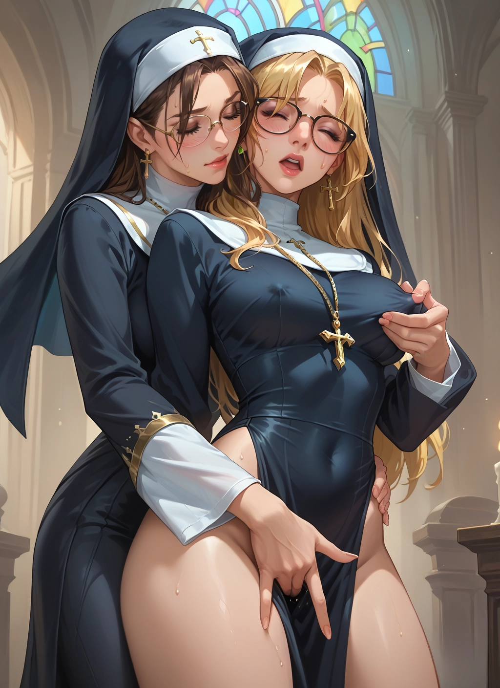 multiple girls, 2girls, breasts, nun, glasses, yuri · Yamete.gg
