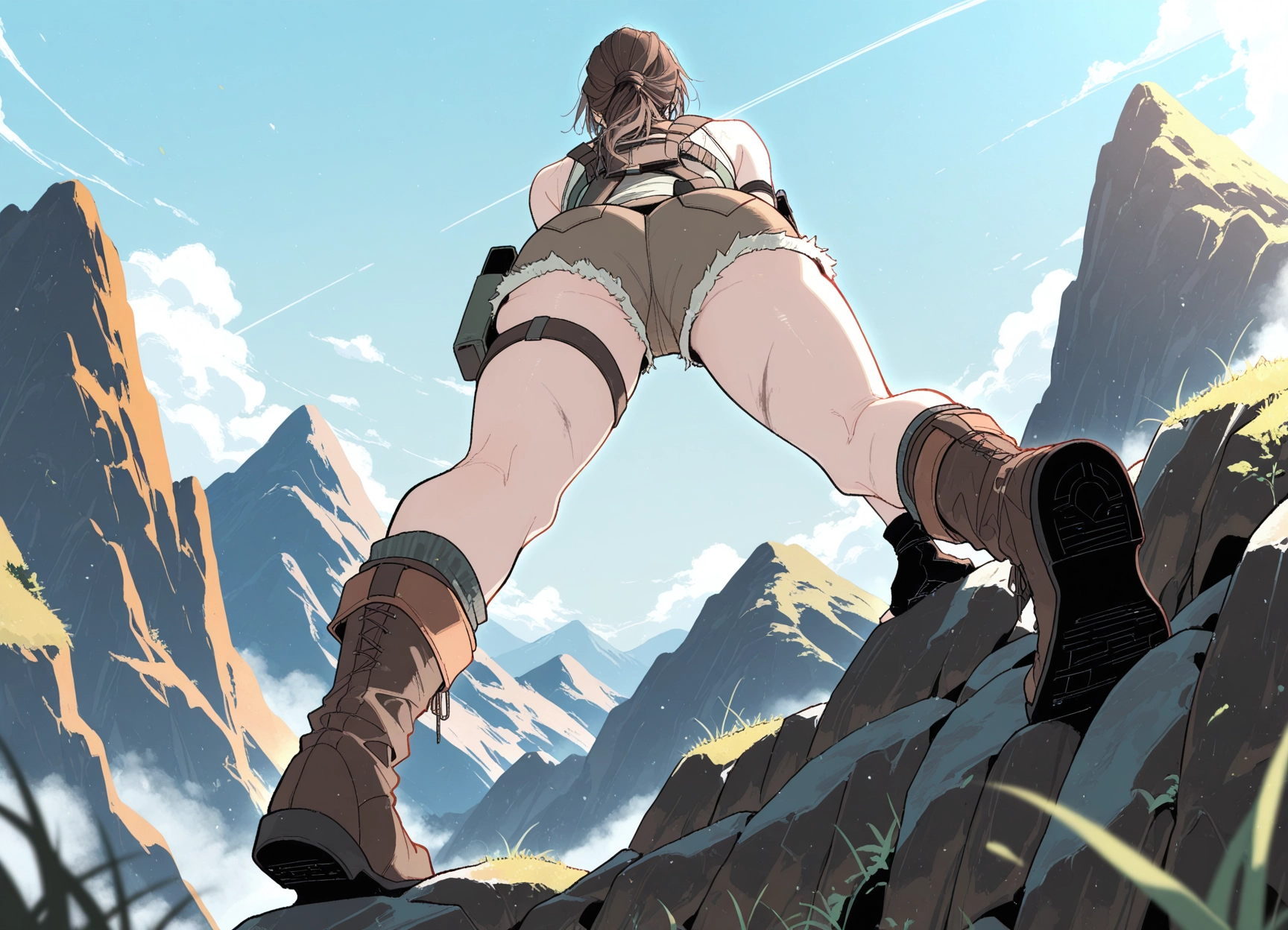 1girl, shorts, boots, solo, brown hair, gloves · Yamete.gg