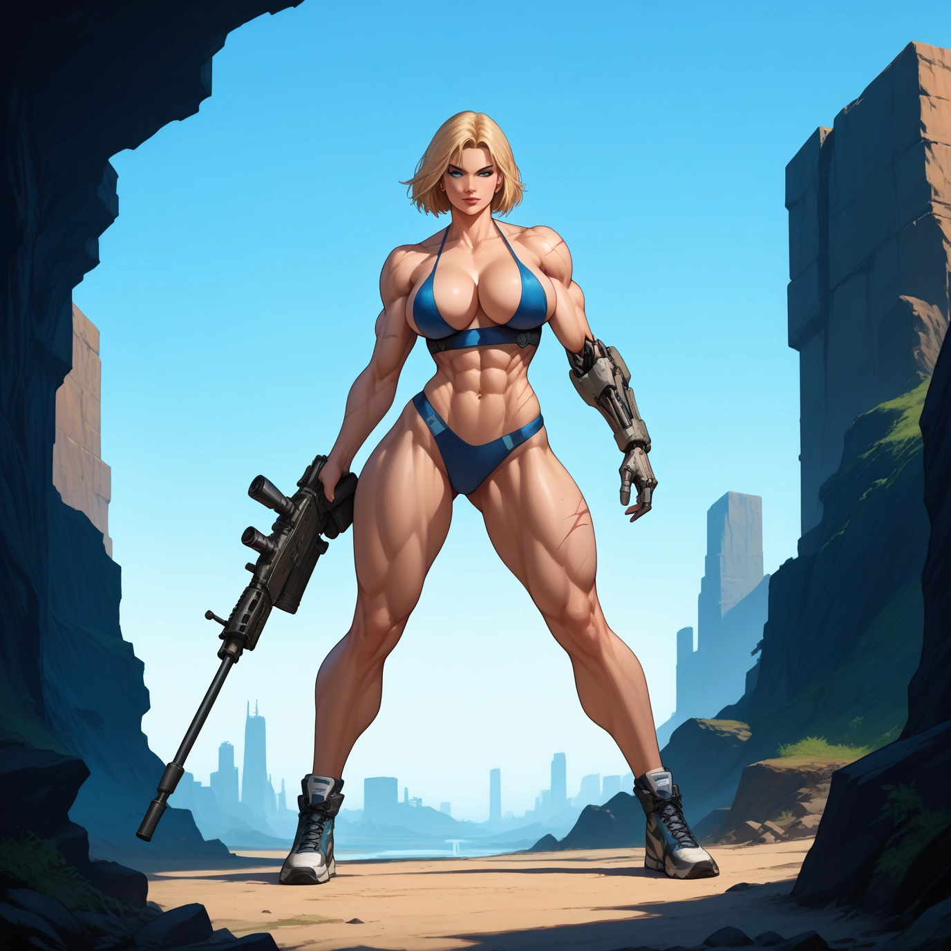 1girl, weapon, gun, blonde hair, muscular, breasts · Yamete.gg