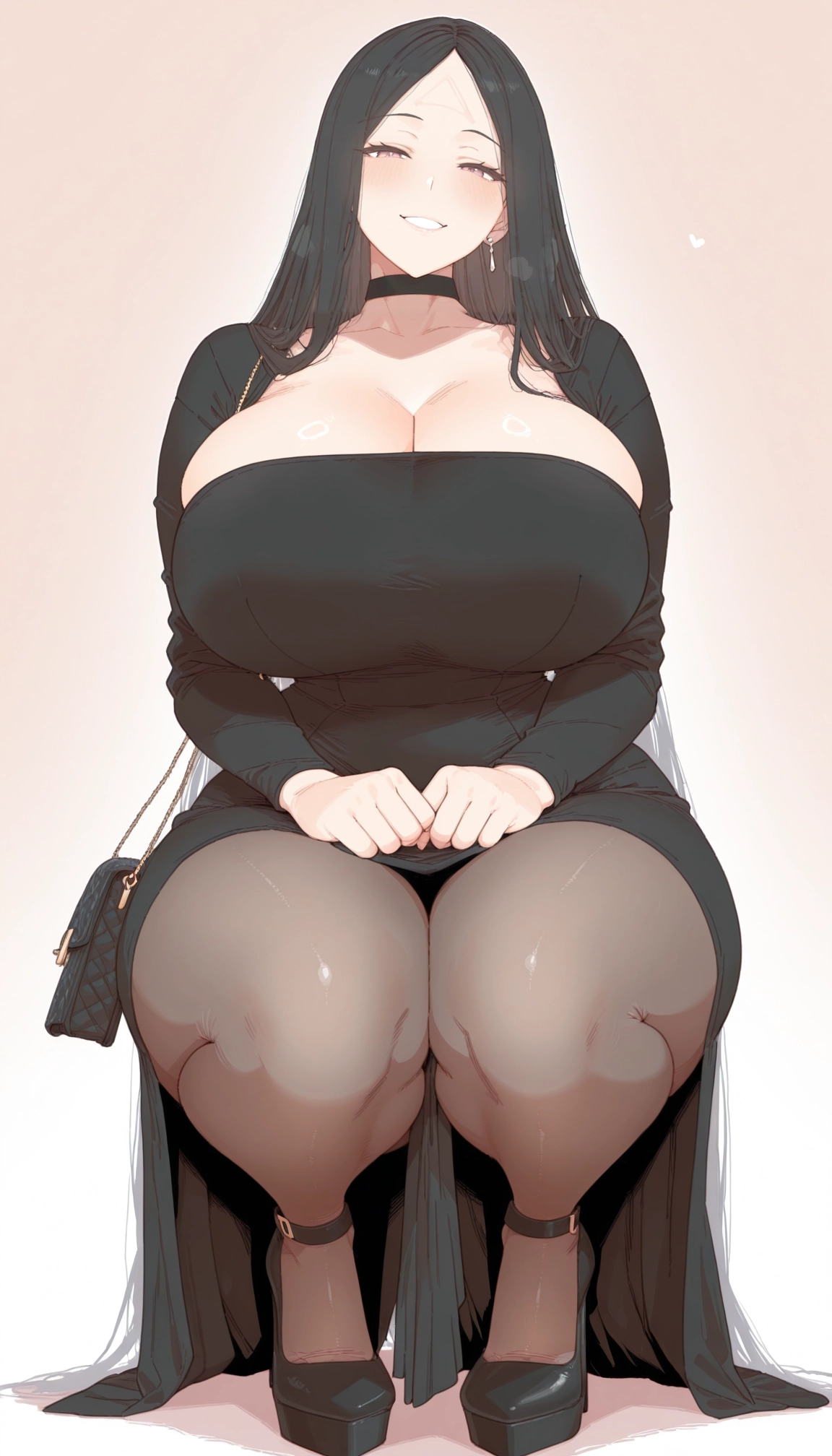 1girl, breasts, long hair, dress, squatting, pantyhose · Yamete.gg
