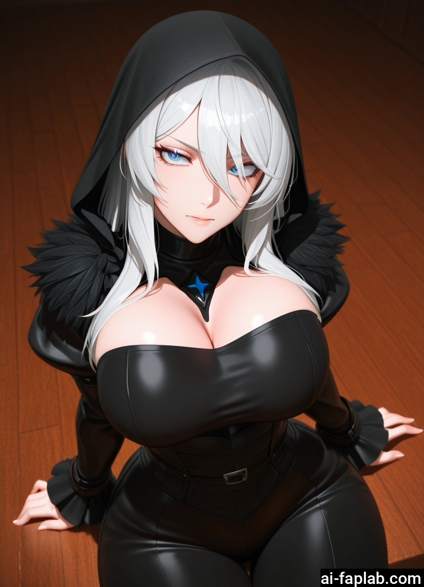 1girl, breasts, blue eyes, large breasts, cleavage, hood · Yamete.gg