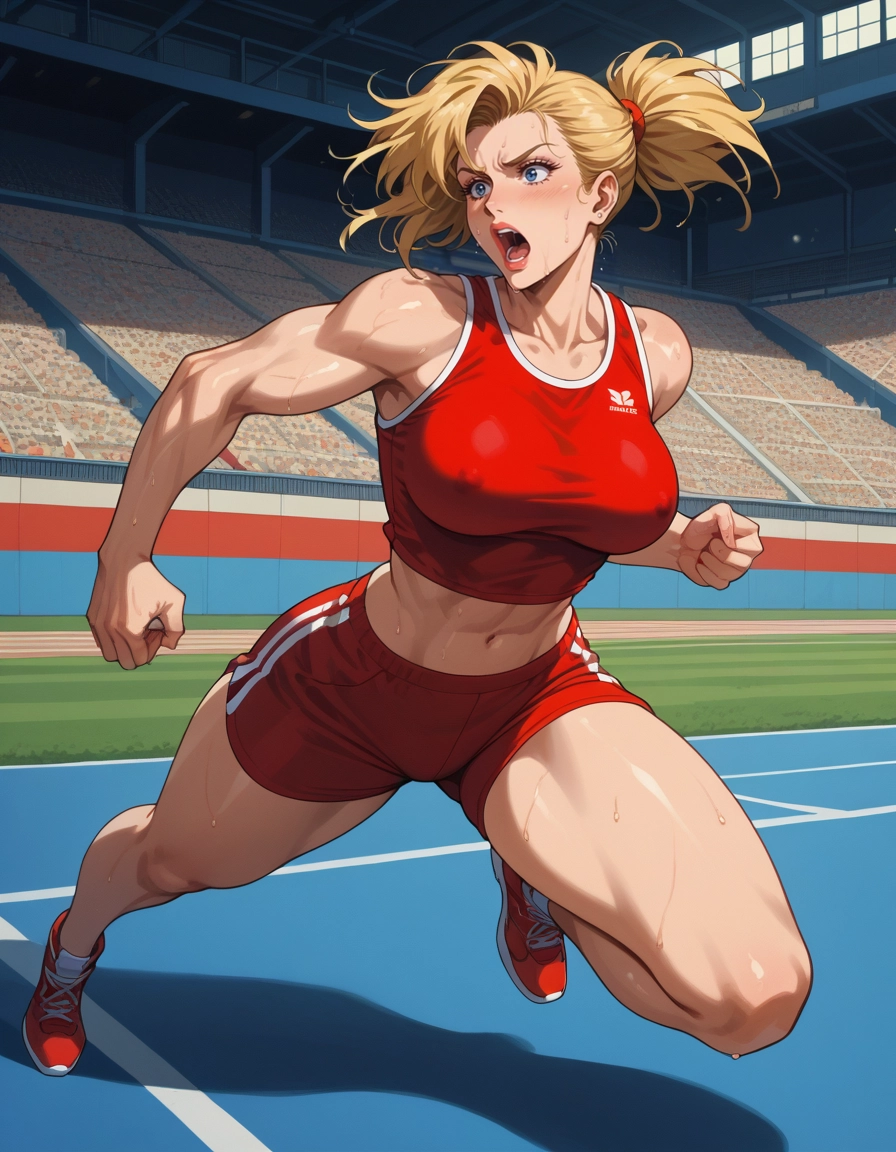 1girl, blonde hair, blue eyes, open mouth, solo, muscular · Yamete.gg