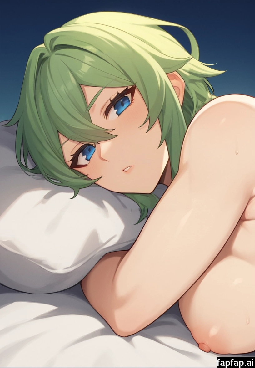 1girl, nipples, breasts, solo, blue eyes, green hair