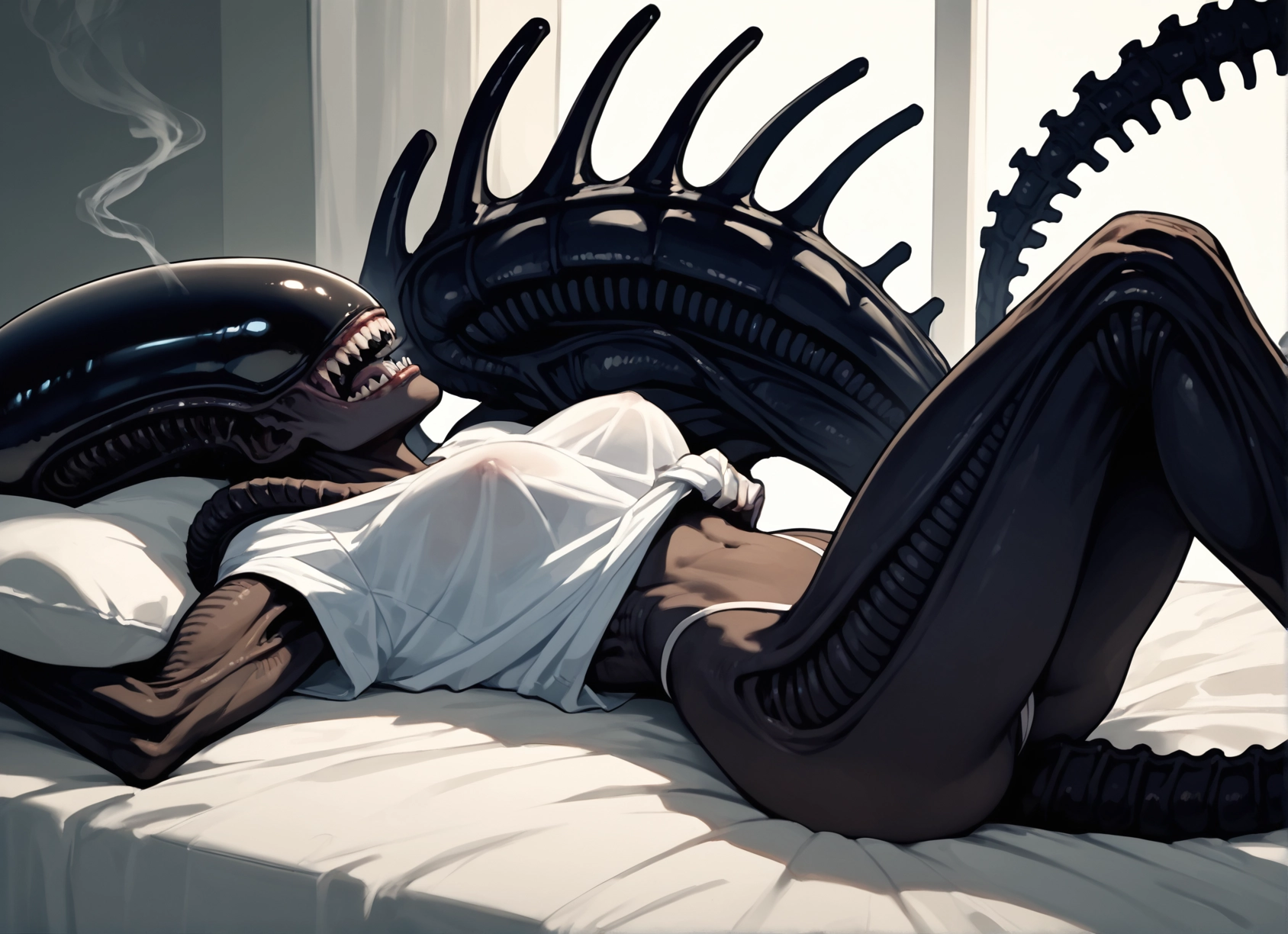 1girl, breasts, lying, on back, shirt, underwear · Yamete.gg