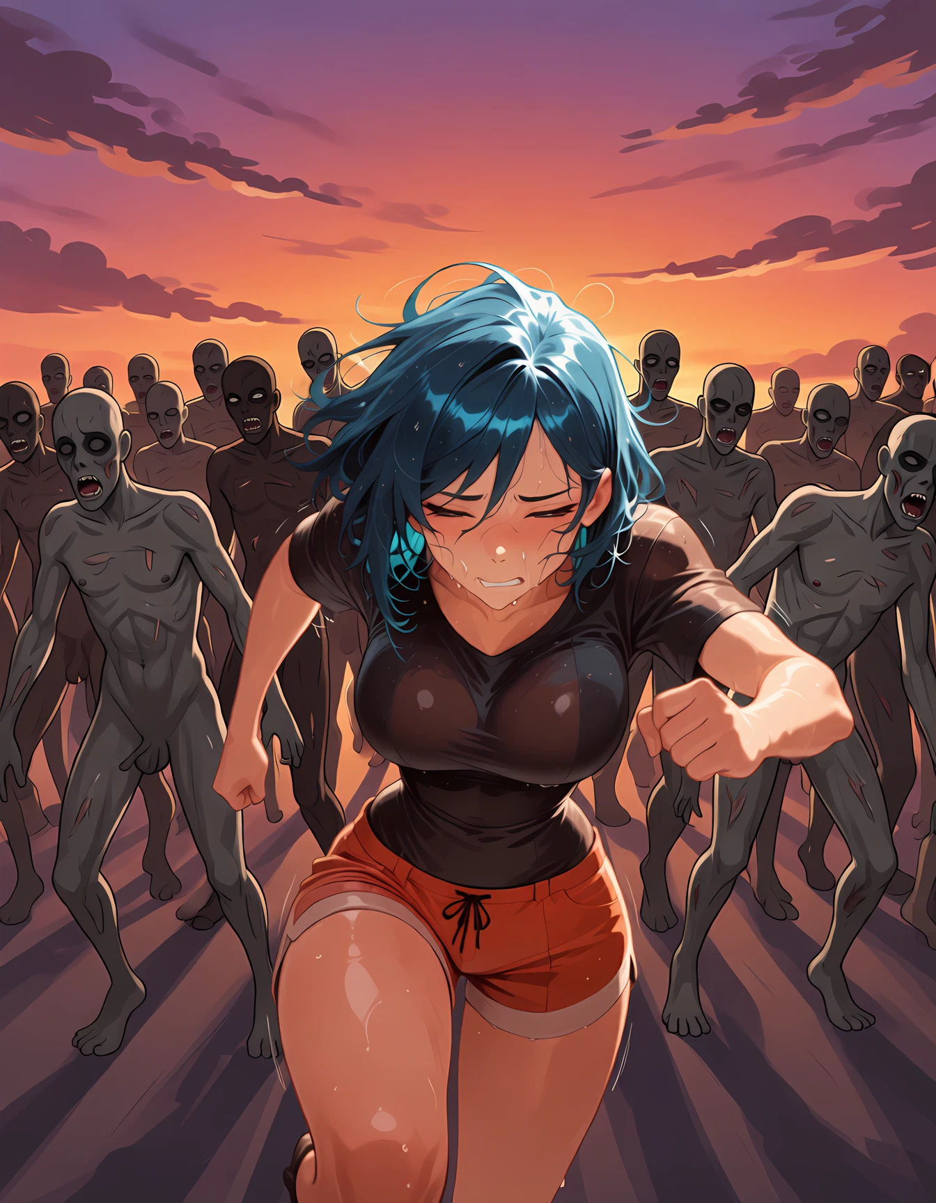 1girl, shorts, running, breasts, blue hair, shirt · Yamete.gg