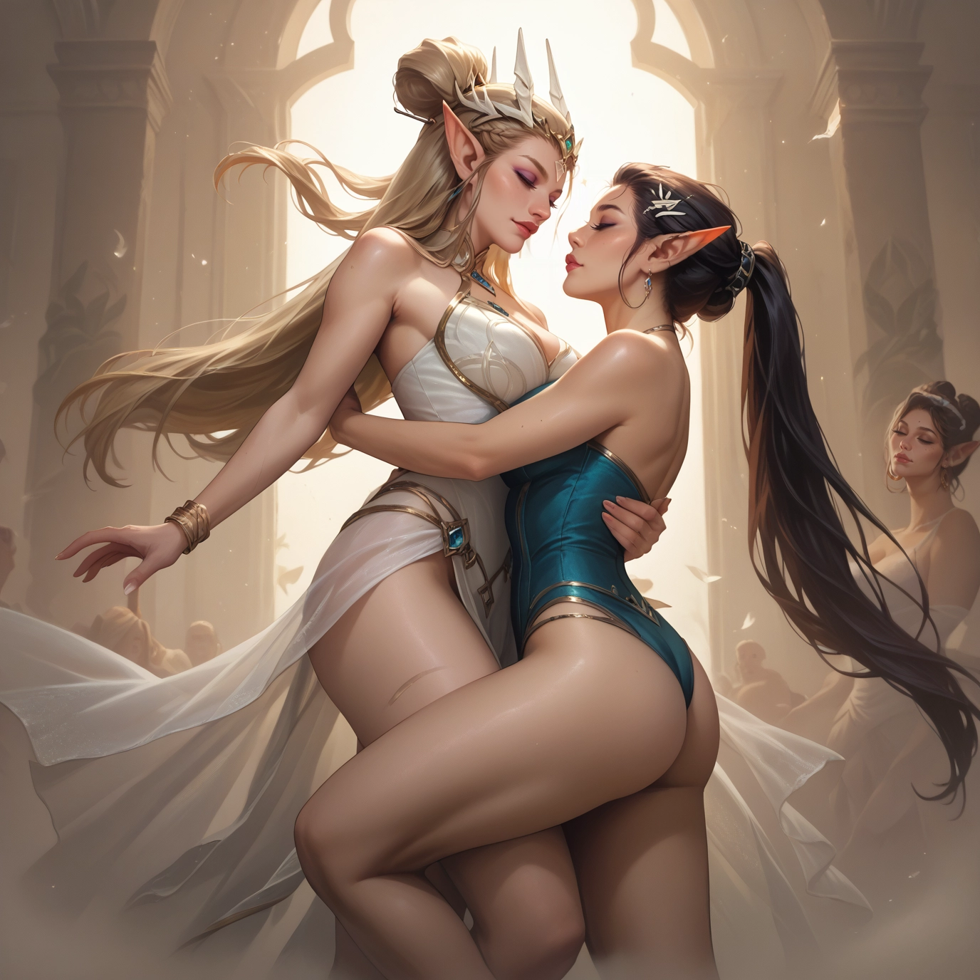 multiple girls, pointy ears, jewelry, blonde hair, breasts, long hair · Yamete.gg