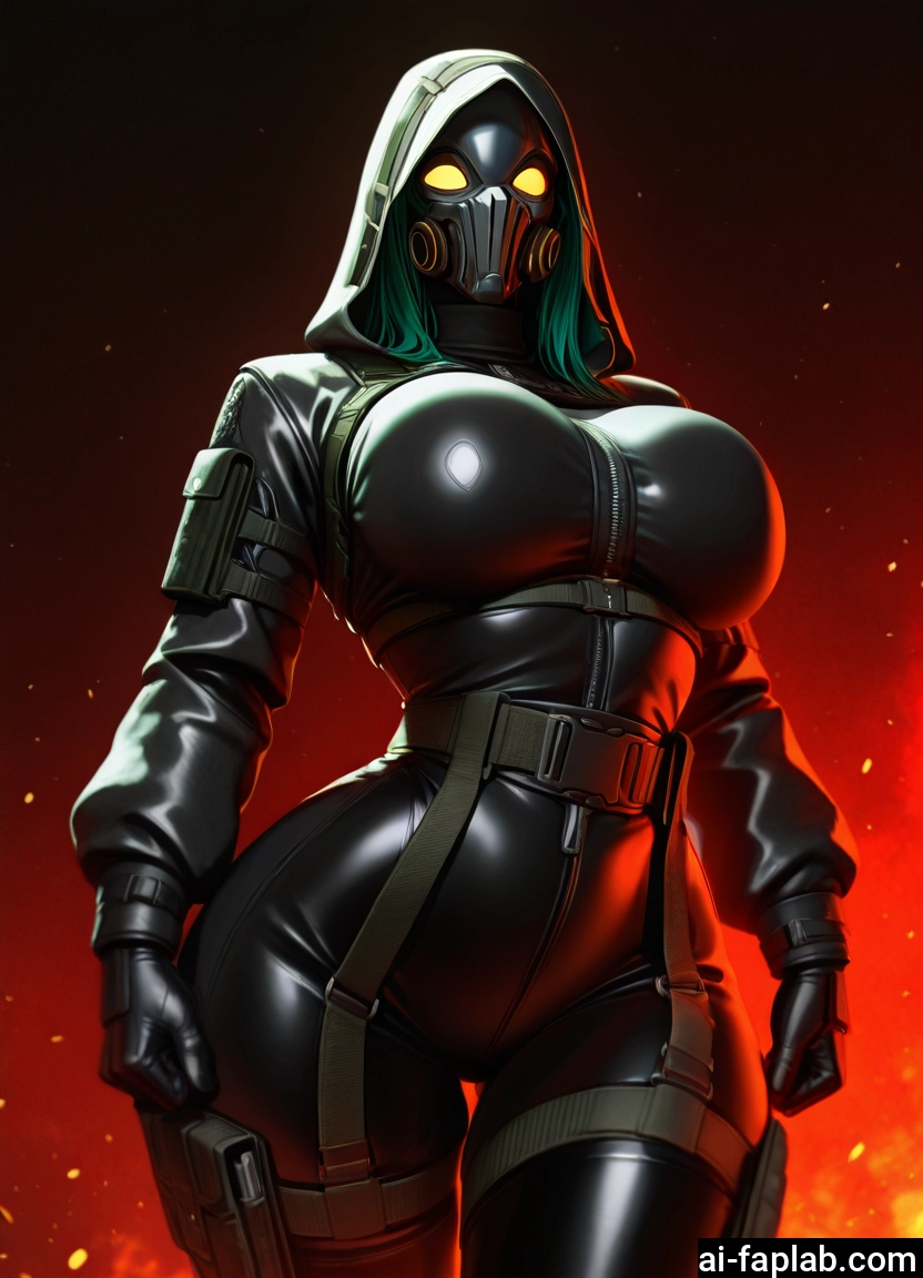 1girl, breasts, mask, bodysuit, hood, solo