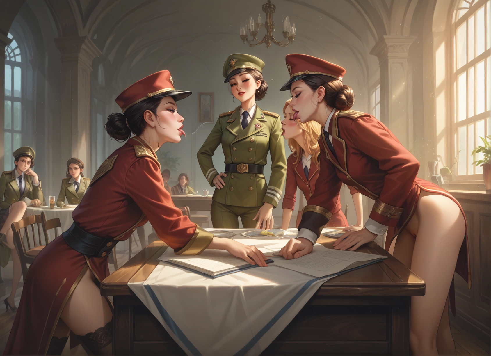 multiple girls, hat, uniform, thighhighs, blonde hair, military · Yamete.gg