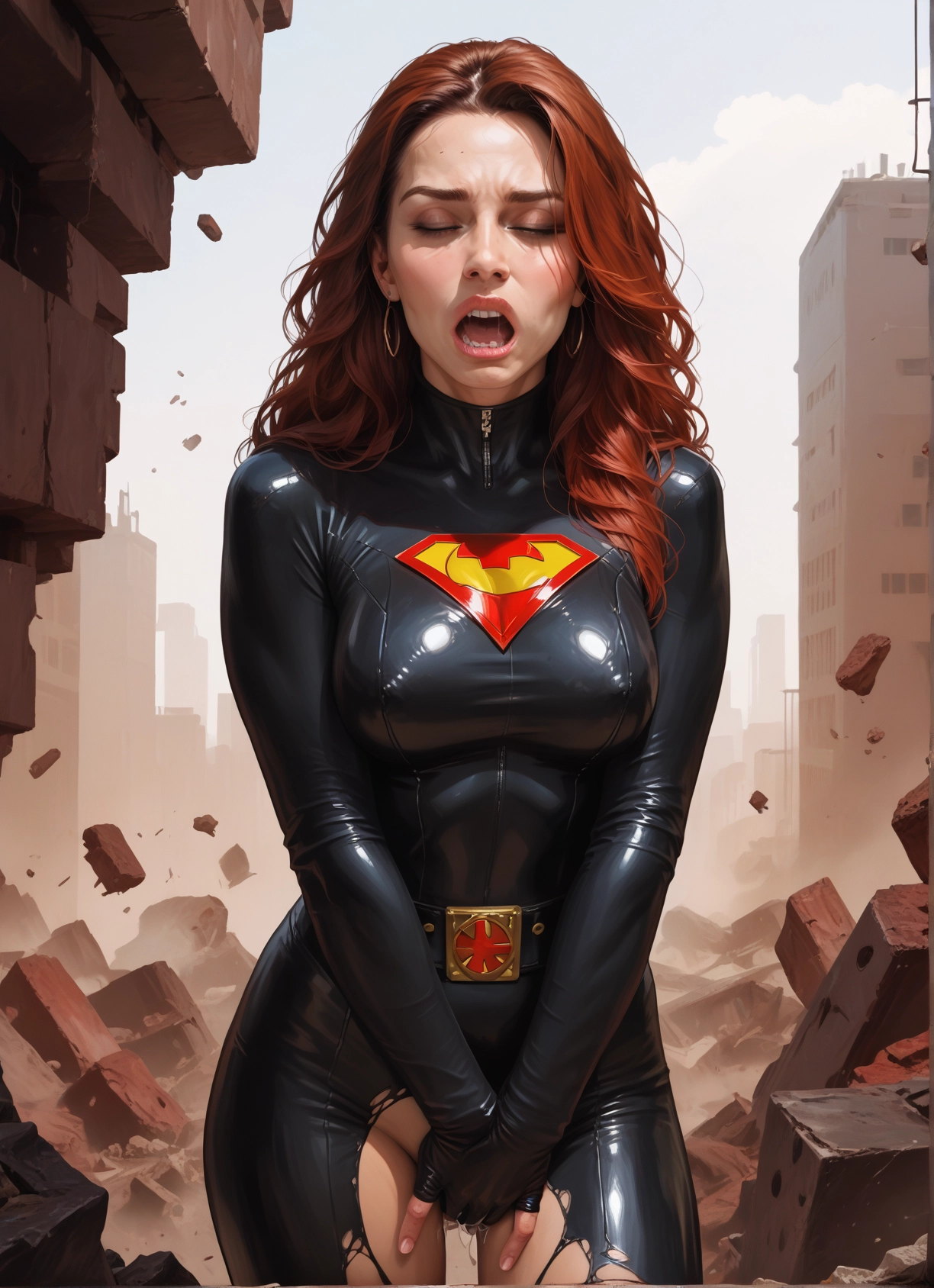 1girl, solo, bodysuit, jewelry, earrings, torn clothes · Yamete.gg