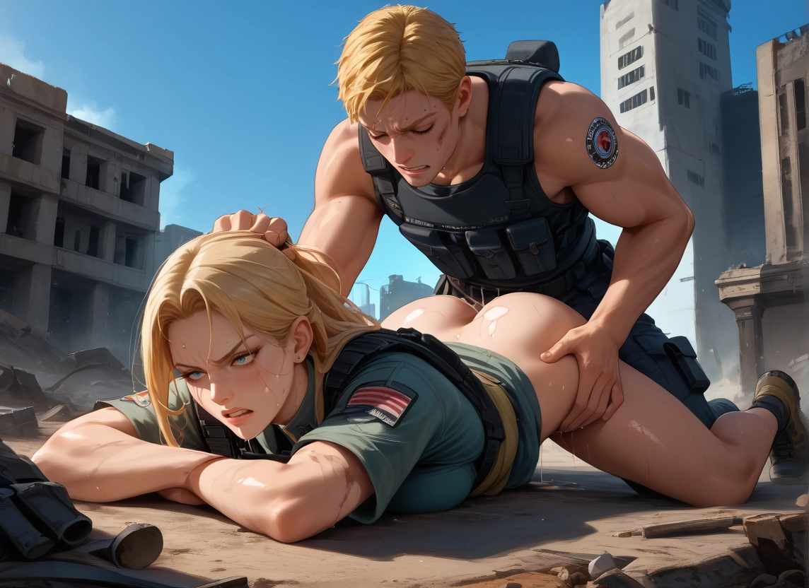 1girl, 1boy, blonde hair, hetero, sex, outdoors